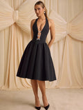 Fongt Spring And Summer New Hanging Neck Bow Deep V Bare Back Sexy Poneng Dress LX0116