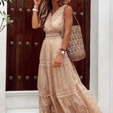 Fongt New Women's Dress Wish Sexy Deep V Sleeveless Chiffon Dress Splicing Mid-Long