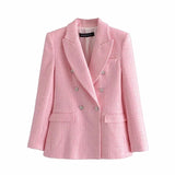Women Fashion Double Breasted Tweed Check Blazers Coat Vintage Long Sleeve Female Outerwear And High Waist Short