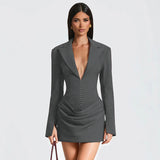Fongt Women's Autumn And Winter New Temperament Solid Color V Collar Folding Waist Suit Dress