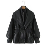 Fongt Fashion Collar Design Lantern Sleeve Imitation Leather Jacket Woman In Autumn 2025
