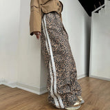 Fongt Leopard-Print Tug Trousers Women's Tide In 2025 Spring Side Stripes Loose Thin Broad Leg Trousers Casual