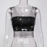 Fongt Nightclub Dresses Fishnet Hollow Out Rhinestone Vest Mesh Flash Diamond Sling Top
