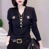 Slim Solid Color Screw Thread Pullovers Casual Fake Pocket Patchwork Female Spring Autumn Letter Elegant V-Neck T-shirt-Outfit