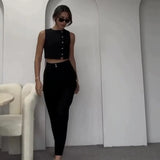 Fongt New 2024 Summer Sleeveless Vest Jacket High Waist Straight Leg Pants Solid Color Two-Piece Set-Outfit