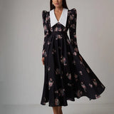 Fongt Women's Wear 2024 New Retro Print Large Pendulum Dress Temperament Waist Slim Dress-Outfit
