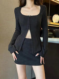 Autumn Sexy 2 Piece Dress Set Elegan Casual Long Sleeve Knitted Suits Y2k Crop Tops + Bodycon High Waist Mini Skirt Korean-Outfit