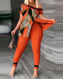 Women's Wear Summer New Fashionable Leisure Forked Oblique Collar Printing Suit-Outfit