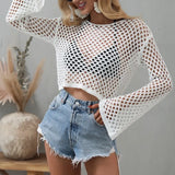 Women Wool Knitwear Solid Color Mesh Round-Neck Long Sleeve Knitted Pullover Tops For Ladies 5 Colors Beachwear Bikini Cover