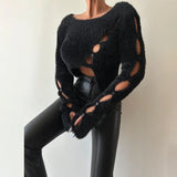 Sweater Women's Autumn New Style Millennial Hot Girl Pure Desire Short Irregular Hollow Knitted Sweater Loophole Top-Outfit