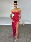 Corset Split Ruched Dress Sexy Spaghetti Strap Bodycon Pleated Dress 2023 Long Summer Dreeses for Women Party