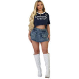 Fongt Women's Cowboy Dress Women's High-Waisted Pocket-Loble Bag Hips Folding Skirt