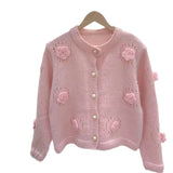 Three-Dimensional Rose Round-Neck Knitted Cardigan Autumn And Winter New Loose Lazy Button Sweater Jacket-Outfit