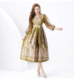 Fongt Famous Woman On Holiday Wrapped With V-Neck Lantern Sleeve Long Retro-Print Dress Elegant Woman