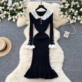 Fongt Retro Doll Collar Horn Sleeve Dress Women Autumn Waist Thin Temperament Knitted Dress