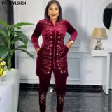 Two Piece Set Women Tracksuit Velvet Clothes African Dresses for Women 2022 Party Diamond Bead Tops Pants Suits Outfit Plus