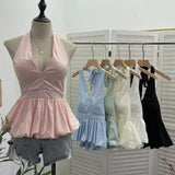 Fongt Retro Hanging Neck Tie With Bare Back Sling Skirt Folded Short Sleeveless Top Woman 9225