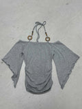 Fongt Shoulder Design Beads With Hanging Neck Horn Sleeve Tops The Folding Tight Waist Thin Knitting Temperament Top