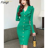 Han Queen Simple Pencil Dress Women Autumn Bottoming Bodycon Dresses Fashion Buttons V-Neck Elastic Knitted Pencil