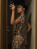 Short Sleeve Daisies Print Mesh See-Through Sexy Maxi Dress Summer Women Fashion Streetwear Outfit