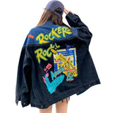 Denim Jacket Women 2022 Autumn Graffiti Print Patchwork Denim Coat Zippers Decoration Spliced Jacket Abrigo