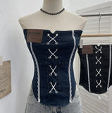 Fongt Sexy Water Wash Denim Pocket Spliced Lace Bra Design Without Strap Vest 2753
