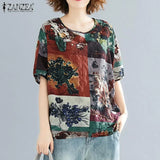 Blouse ZANZEA Women Vintage Printed Tops Casual O Neck Short Sleeve Shirt Female Loose Tunic Blusas