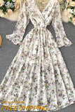 Women Sexy Boho Dress New 2023 Spring Autumn Long Sleeve V Neck Backless Long Dresses Ladies Vintage Floral Printed
