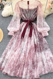 Women Mesh Dress Vintage Lantern Sleeves Printed Party Dresses Spring Summer Patchwork A Line Bandage Beach