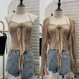 Fongt Shooting Pure Lust Style Set Hanging Neck Lace Hollow Sling Sling Vest + Short Lotus Leaf Side Shirt 88968
