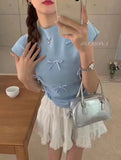 Wind Pink Bow Short-Sleeved Sweater Summer Design Wrinkled Slim Small Flying Sleeve Chic Blouse-Outfit