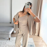 Fongt Lazy Knitted Casual Sweater Gray Camel Two-Color High-End One-Shoulder Vest With Wide-Legged Trousers