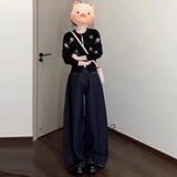 Fongt Black Slid Embroidered Knitted Shirt Girl Autumn Slim Thin Collar Long Sleeve Top Sweater