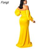 Solid Corset Dress Elegant Strapless Off Shoulder Long Lantern Sleeve Pleated High Split Bodycon Maxi Evening Party