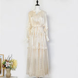 Fongt Temperament Dress 2025 New V-Neck Lantern Sleeves Folded Long Silk Dress Dress