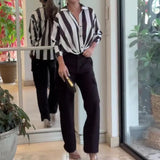 Fongt 2024 New Fashion Striped Print Shirt High-Waisted Straight Pants Two Sets For Women-Outfit