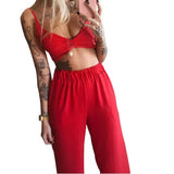 Fongt Summer New Women's Printed Sexy Breasts Loose Broad Leg Pants Two Sets
