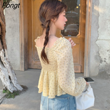 Women Summer Floral Leisure Pleated Design Kroean V-Neck Ruffles Retro French Romantic Long Sleeve Crop Tops Lady