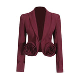 Fongt Wind Niche Stereo Rose Cut Deep V Collar 2024 Autumn New Solid Color Small Suit Short Coat Female-Outfit