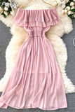 Women Casual Dress Double Layer Ruffled Off Shoulder Slash Neck Chiffon Dresses Woman Summer Midi Dress Vestidos