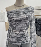 Fongt Tie-Dye-Print Mesh Folded Long-Sleeved T-Shirt With A Word-Collar Slanted Shoulder-To-Back Short Top 1183