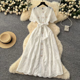 Fongt Dress French Retro Heavy Industry Hollow Embroidery Round Neck-Waist Short-Sleeved Dress Female Thin Single Row Buckle Long Skirt
