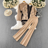 Fongt Ocean Gas Three-Piece Loose Wind Letter Embroidered Cardigan Jacket Bottom High Collar Knitting Tops Broad Legs