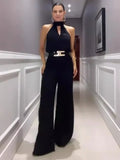 Fongt Summer New Fashion Round Collar Harness Waist Solid Color Wide Leg One-Piece Trousers Women-Outfit