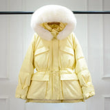 Huge Real Raccoon Fur Hooded Waterproof Winter Duck Down Jacket Women Fashion Female Parkas Sash Tie Up Puffer