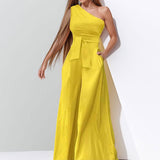 Fongt Women's Dress 2025 New Solid Color Collared Shoulder Tie With High-Waisted Broad-Legged Jumpsuit Woman