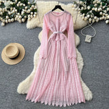 Fongt Style Dress Women's Spring Court Collar Lantern Sleeves To Close The Waist Single Buckle Printing Folded Long Skirt