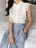 Ruffles Shirts & Blouses Turn Down Collar Blusas Sleeveless Camisas Gentle Ropa Mujer 2024 Summer Single Breasted Tops-Outfit