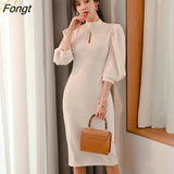 Han Queen Hot sale Autumn Fashion Stand Collar Puff Sleeve Female Pencil bodycon Dress Slim Solid color Midi Casual