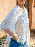 Fongt Embroidery Art White Top Women's Sleeves Holiday Blouse Women's Niche Design Women's Shirt
